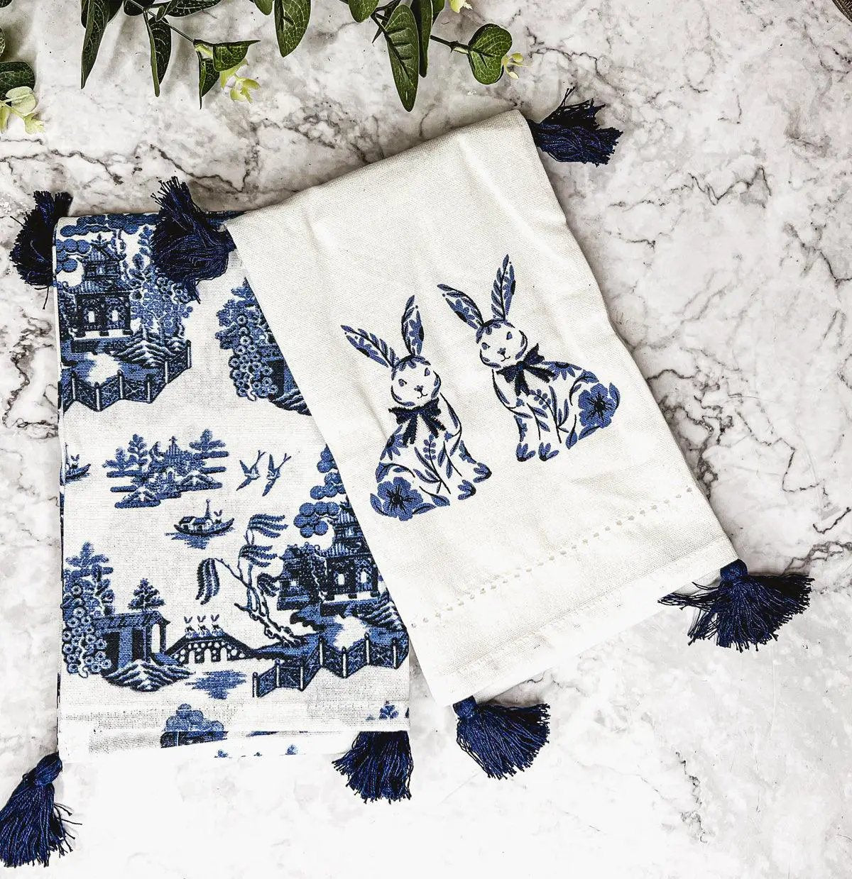Chinoiserie Bunny Dish Towels Embroidered