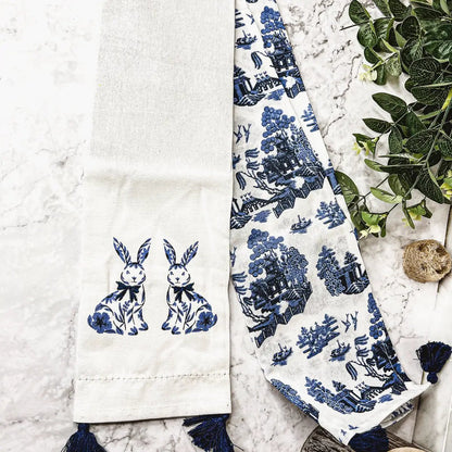 Chinoiserie Bunny Dish Towels Embroidered