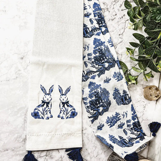Gia Roma Chinoiserie Bunny dish towel set, 2 pieces, blue and white prints on Tampa Home & Garden Store