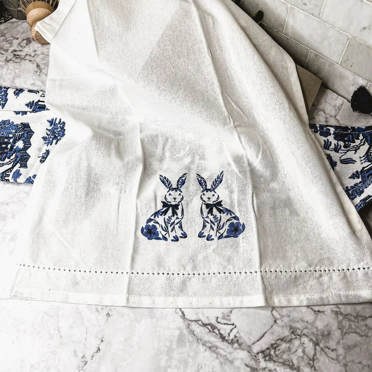 Chinoiserie Bunny Dish Towels Embroidered