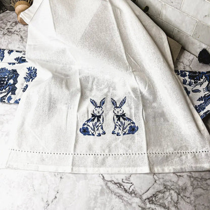 Chinoiserie Bunny Dish Towels Embroidered