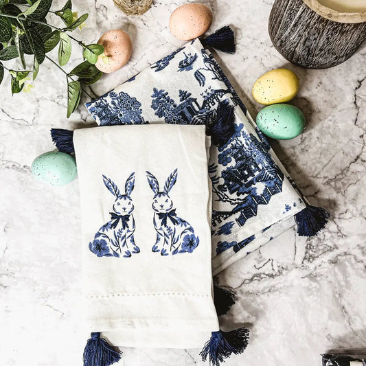 Gia Roma Chinoiserie Bunny dish towels set of 2; white towels with blue bunny print, on Tampa Home & Garden Store