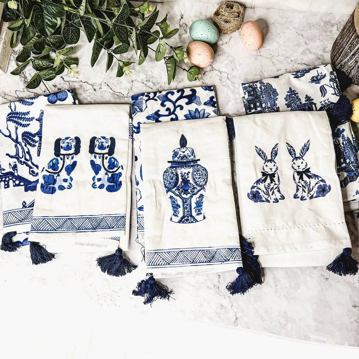 Chinoiserie Bunny Dish Towels Embroidered