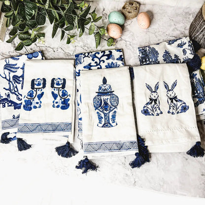 Chinoiserie Bunny Dish Towels Embroidered