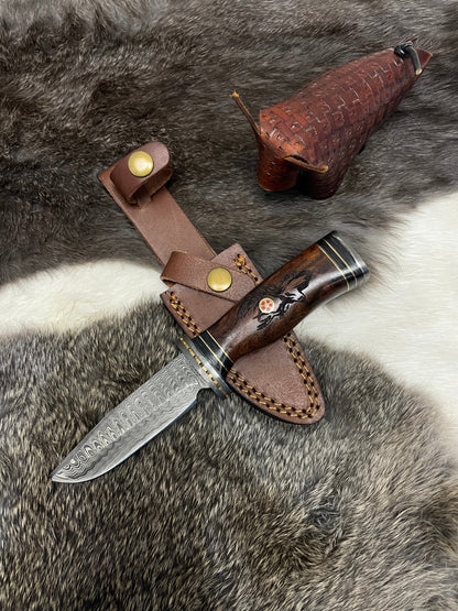 Eldertree Hunter's Knife TK-097 compact with damascus-pattern blade, wood handle, leather sheath on Tampa Home & Garden Store