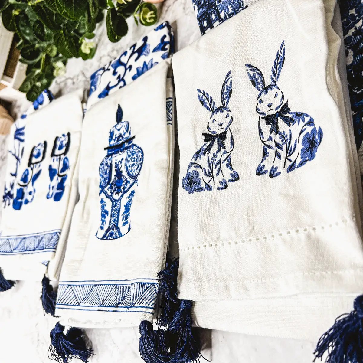 Chinoiserie Bunny Dish Towels Embroidered