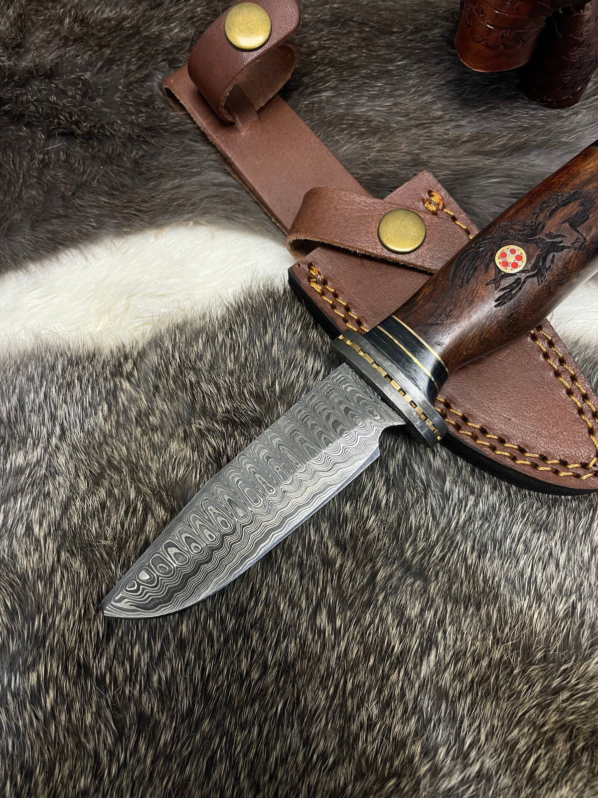 Eldertree Hunter's Knife TK-097 Compact Damascus blade and wooden handle in leather sheath on Tampa Home & Garden Store
