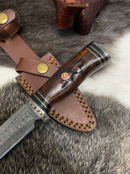 Eldertree Hunter's Knife TK-097 compact by Titan Intl K with Damascus blade and wood handle on Tampa Home & Garden Store