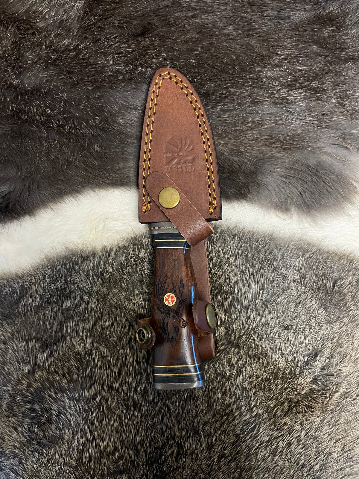 Eldertree Hunter's Knife TK-097 compact with brown leather sheath and wood handle on Tampa Home & Garden Store