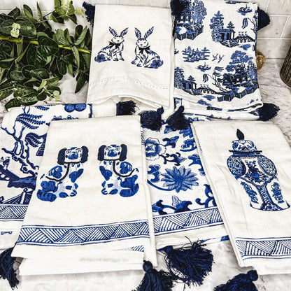 Chinoiserie Bunny Dish Towels Embroidered
