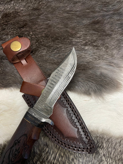 Grizzly Timberline Damascus Knife TK-099 compact with Damascus blade and leather sheath on Tampa Home & Garden Store