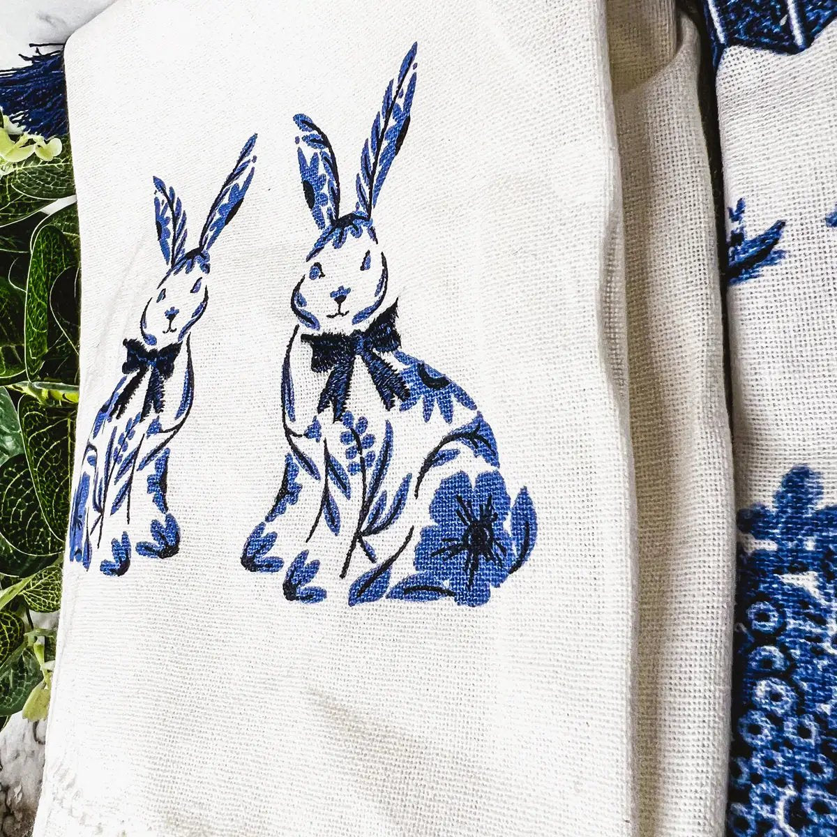 Chinoiserie Bunny Dish Towels Embroidered