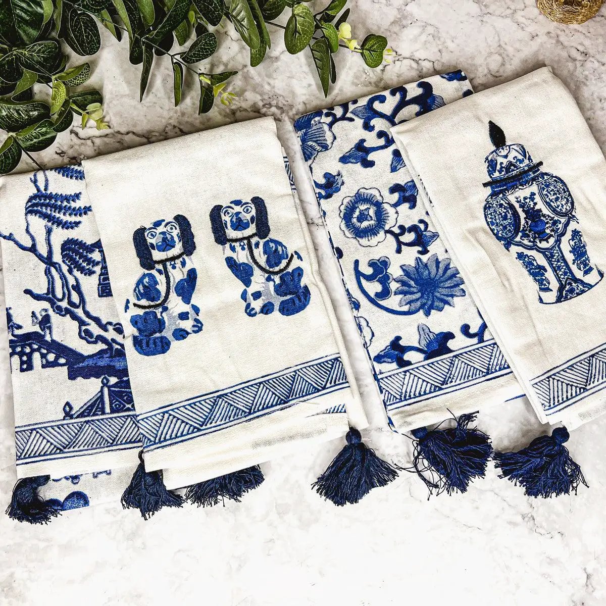 Chinoiserie Tea Towels Embroidered Cotton Set