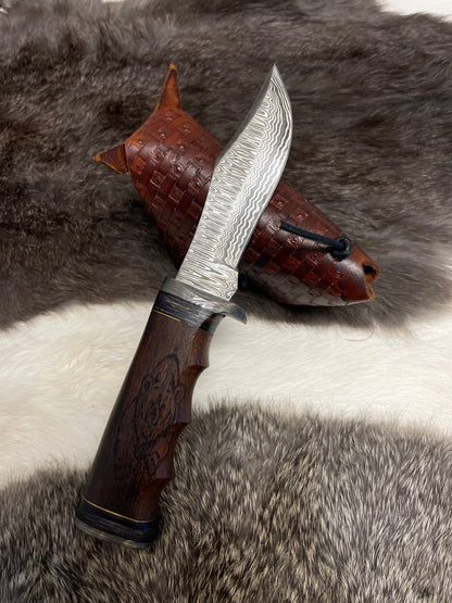 Grizzly Timberline Damascus Knife TK-099 compact blade with wood handle in leather sheath on Tampa Home & Garden Store