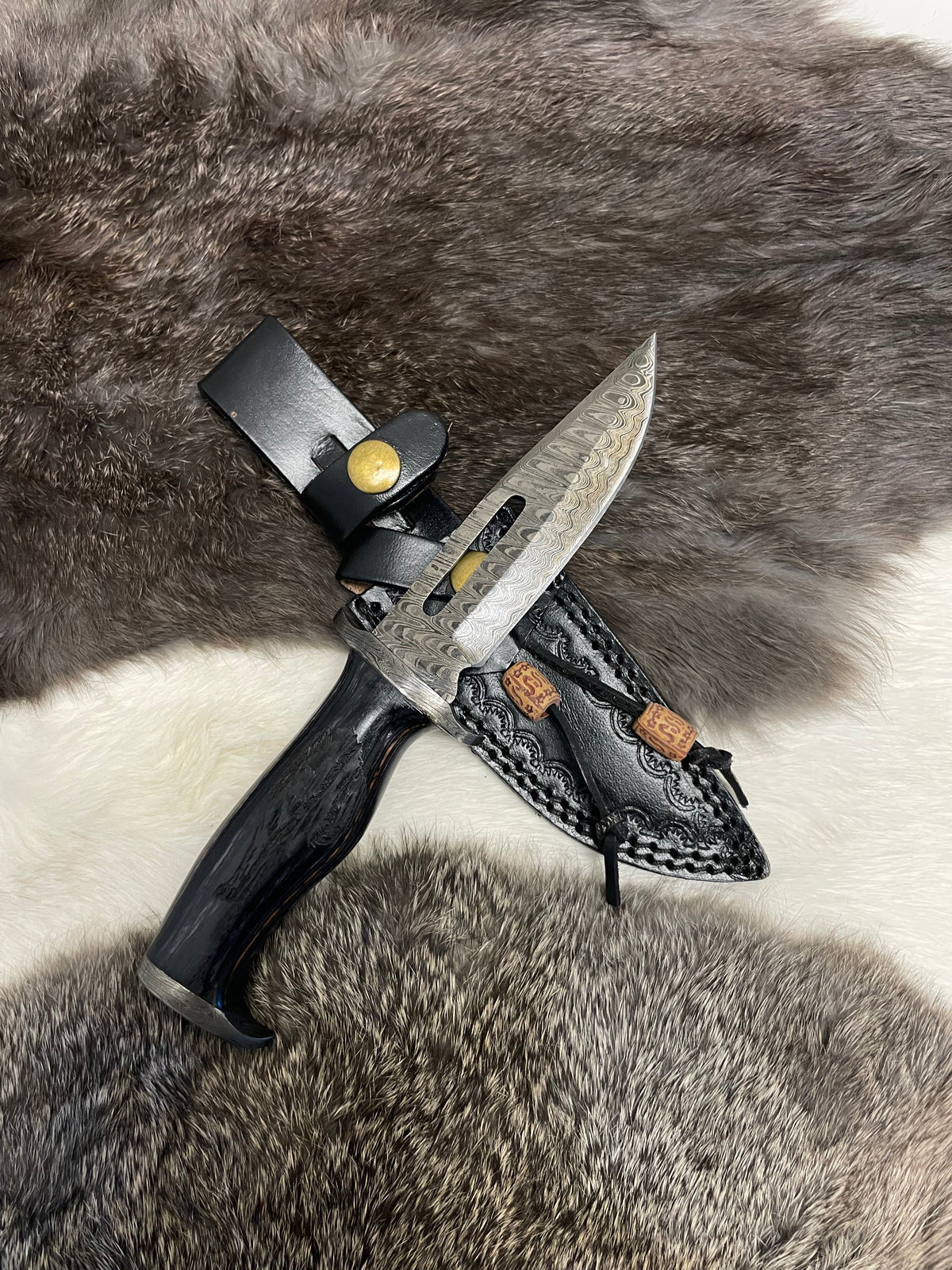 Lunar Guardian Damascus Knife TK-098 compact with Damascus-pattern blade and leather sheath on Tampa Home & Garden Store