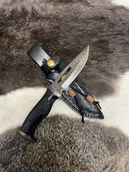 Lunar Guardian Damascus Knife TK-098 compact with Damascus-pattern blade and leather sheath on Tampa Home & Garden Store