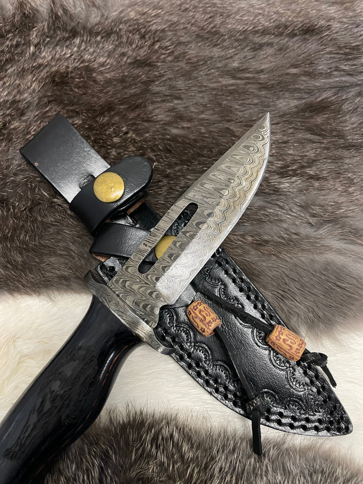 Lunar Guardian Damascus Knife TK-098 compact Damascus-pattern blade in black leather sheath on Tampa Home & Garden Store