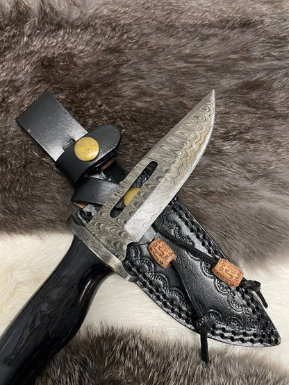 Lunar Guardian Damascus Knife TK-098 compact Damascus-pattern blade in black leather sheath on Tampa Home & Garden Store
