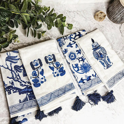 Chinoiserie Tea Towels Embroidered Cotton Set