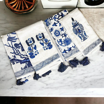 Chinoiserie Tea Towels Embroidered Cotton Set