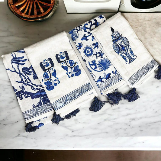Chinoiserie Tea Towels Gia Roma; white towels with blue porcelain motifs and tassel trim, 4-pack on Tampa Home & Garden Store