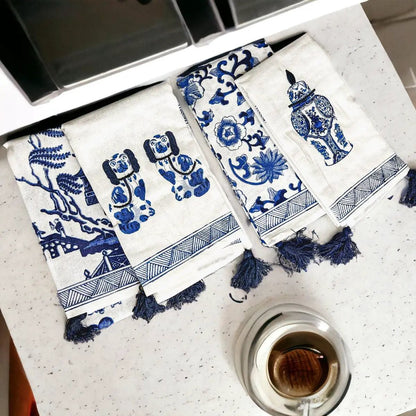Chinoiserie Tea Towels Embroidered Cotton Set
