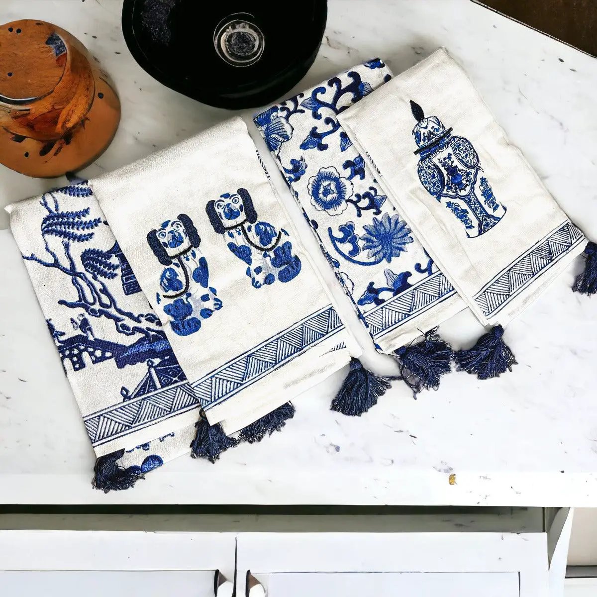 Chinoiserie Tea Towels Embroidered Cotton Set