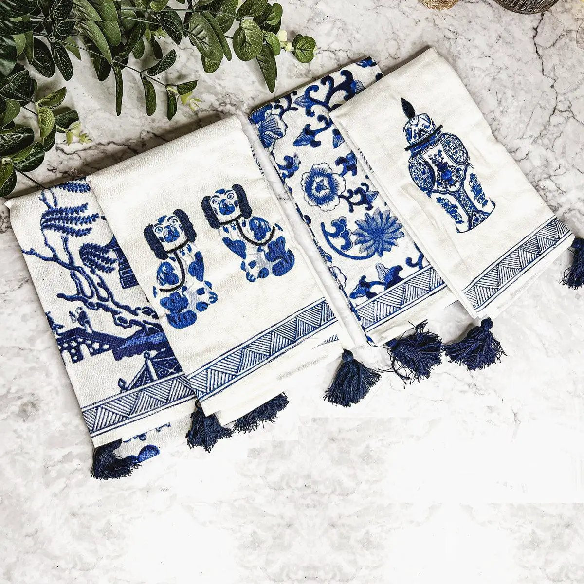 Chinoiserie Tea Towels Embroidered Cotton Set