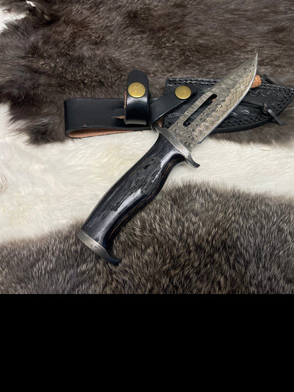 Lunar Guardian Damascus Knife TK-098 compact with Damascus blade, black handle, leather sheath on Tampa Home & Garden Store