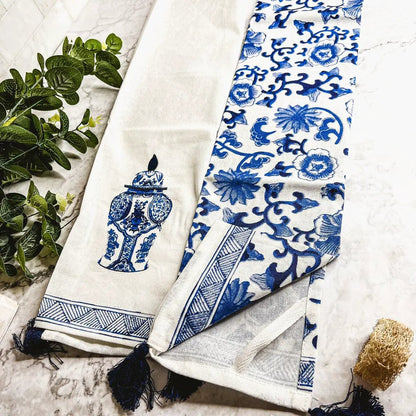 Chinoiserie Tea Towels Embroidered Cotton Set