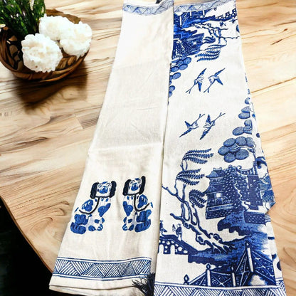 Chinoiserie Tea Towels Embroidered Cotton Set