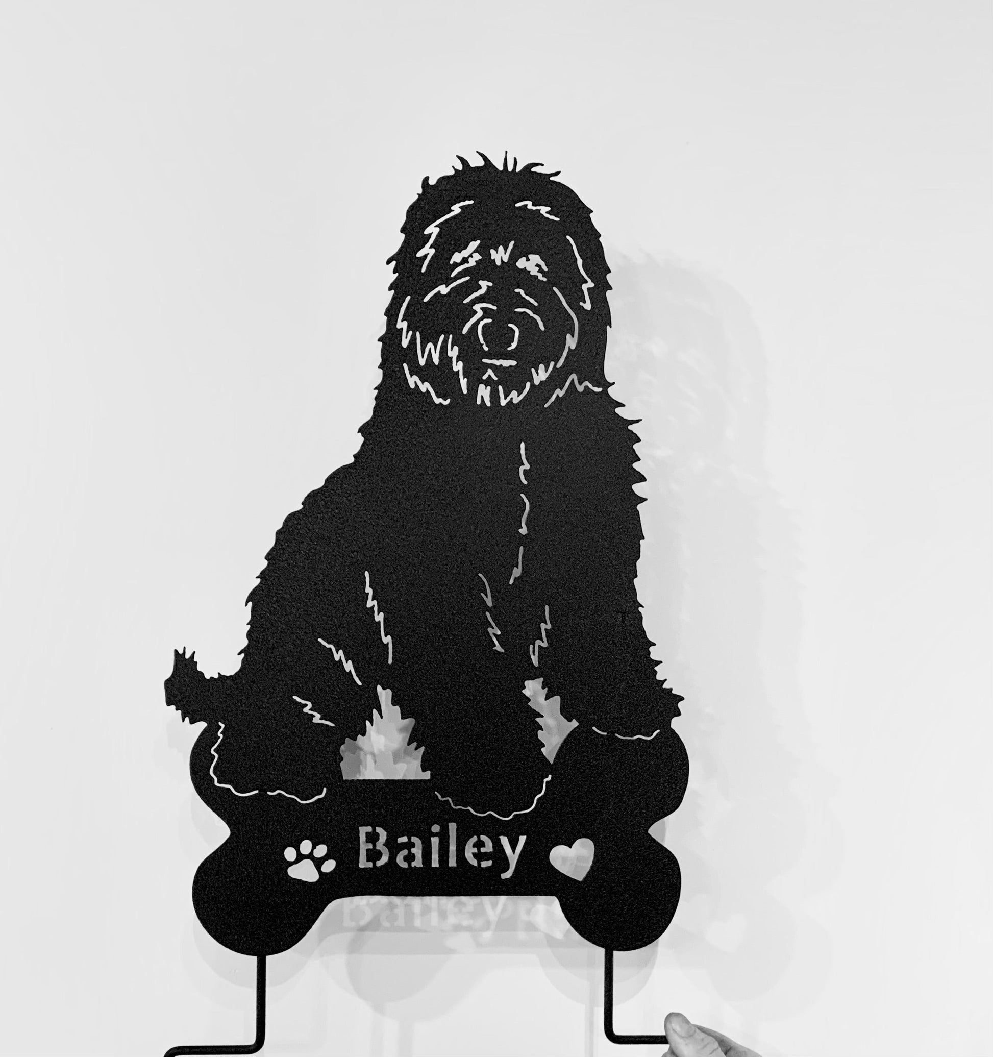 Australian Labradoodle garden stake silhouette with Bailey name, black metal yard ornament on Tampa Home & Garden Store