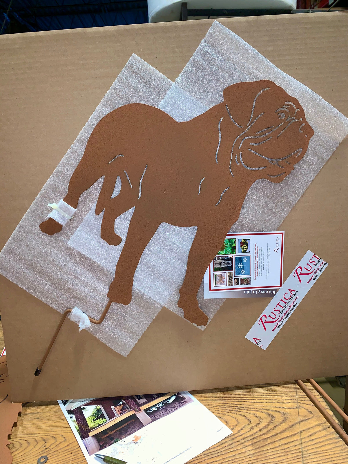 Dogue de Bordeaux garden stake metal silhouette with rust finish by Rustica Ornamentals on Tampa Home & Garden Store