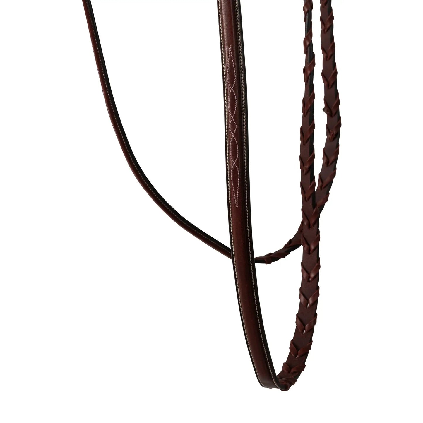 Huntley Equestrian fancy stitched schooling laced reins, dark brown leather with white stitch on Tampa Home & Garden Store