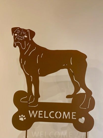 Boxer dog wall art silhouette rust metal garden sculpture with welcome bone motif on Tampa Home & Garden Store