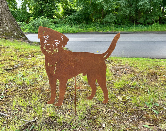 Border Terrier garden stake silhouette in rusted metal by Rustica Ornamentals, lawn decor on Tampa Home & Garden Store