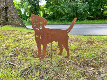 Border Terrier garden stake silhouette in rust metal by Rustica Ornamentals lawn ornament on Tampa Home & Garden Store