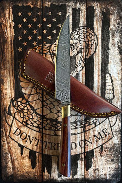 Damascus steel steak knife by Titan International K with brass bolster leather sheath on Tampa Home & Garden Store