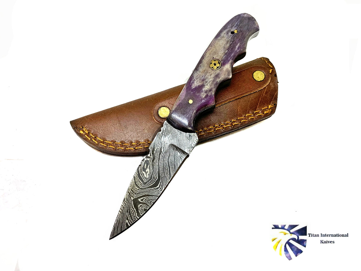 Titan Damascus drop point knife Purple Sting TD-229 with purple handle in leather sheath on Tampa Home & Garden Store