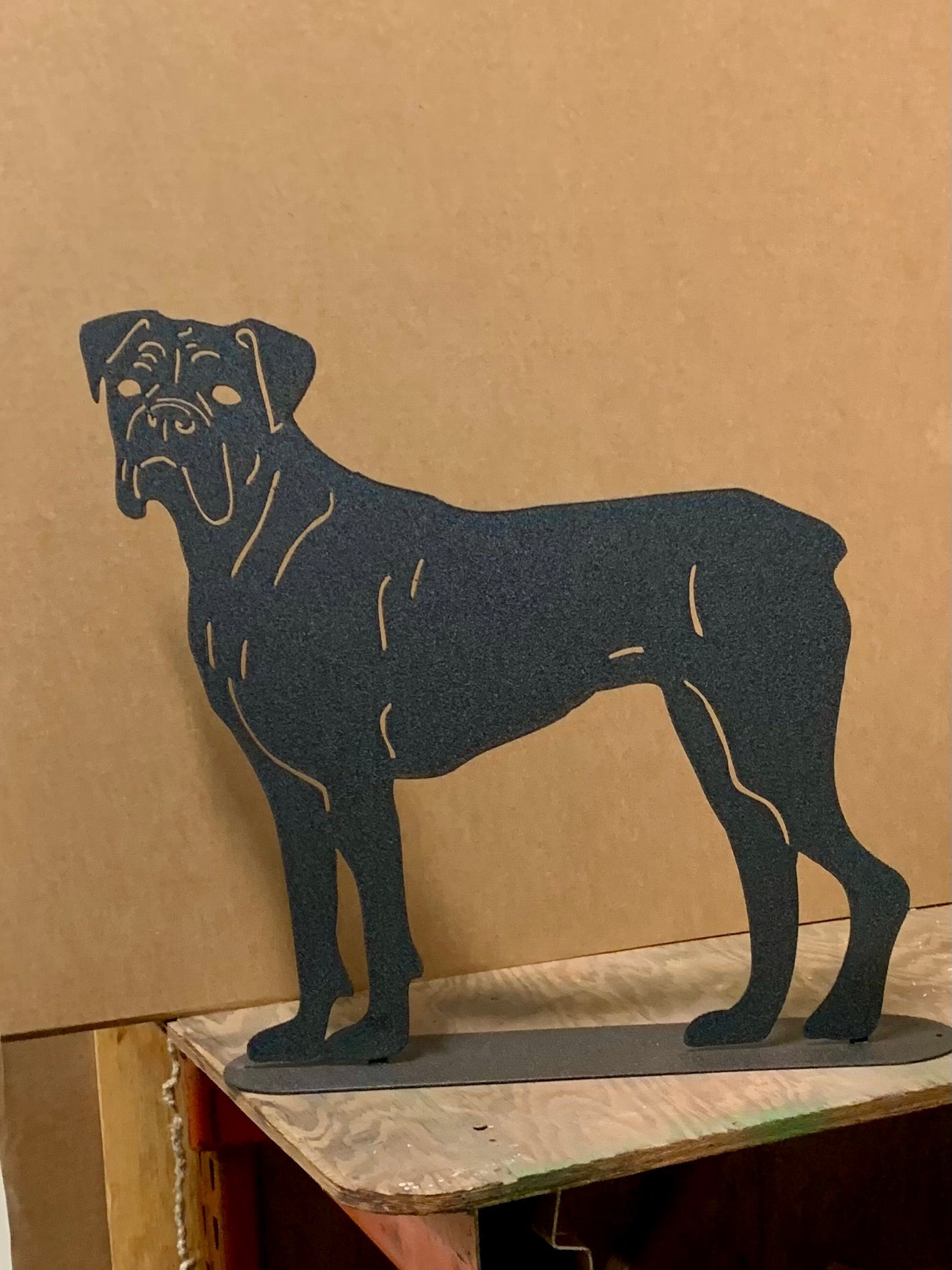 Boxer statue black metal silhouette garden sculpture on a base on Tampa Home & Garden Store