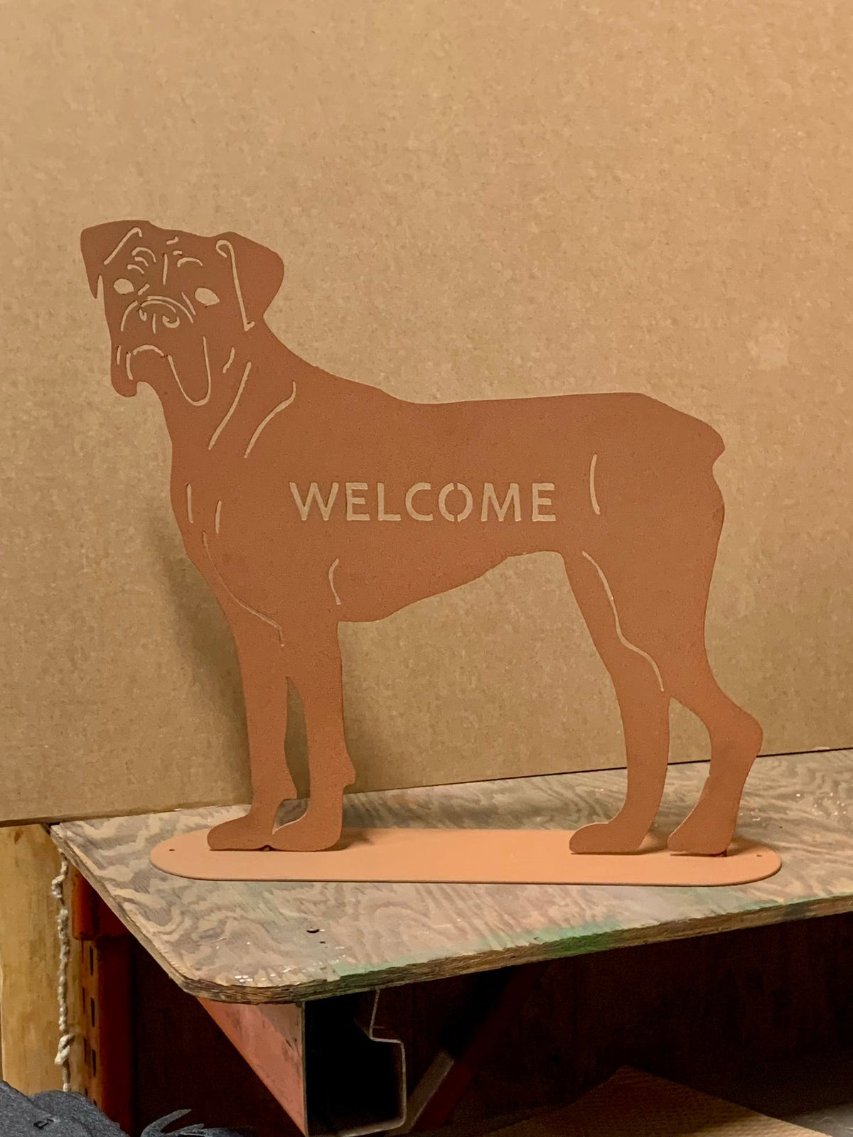 Boxer dog wall art silhouette with Welcome lettering brown garden sculpture on Tampa Home & Garden Store