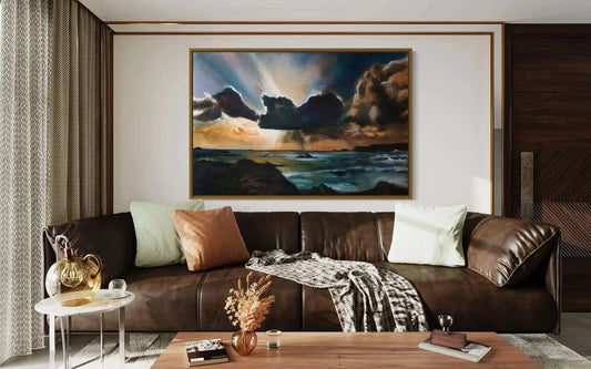New Dawn Limited Edition by Mai Autumn, gold-framed seascape print in living room on Tampa Home & Garden Store