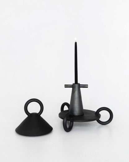 Black stoneware tall candle holder Motanka with ringed base by Creating Comfort on Tampa Home & Garden Store