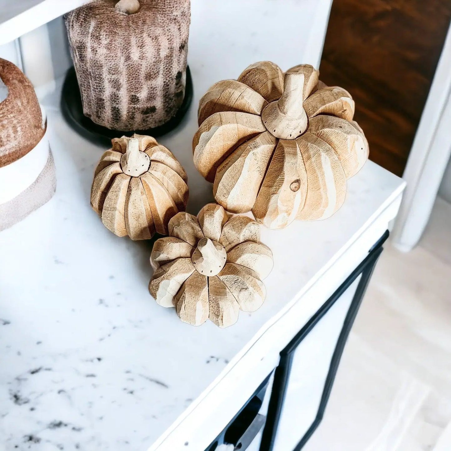 Hand Crafted Wooden Pumpkin Trio Three Shapes