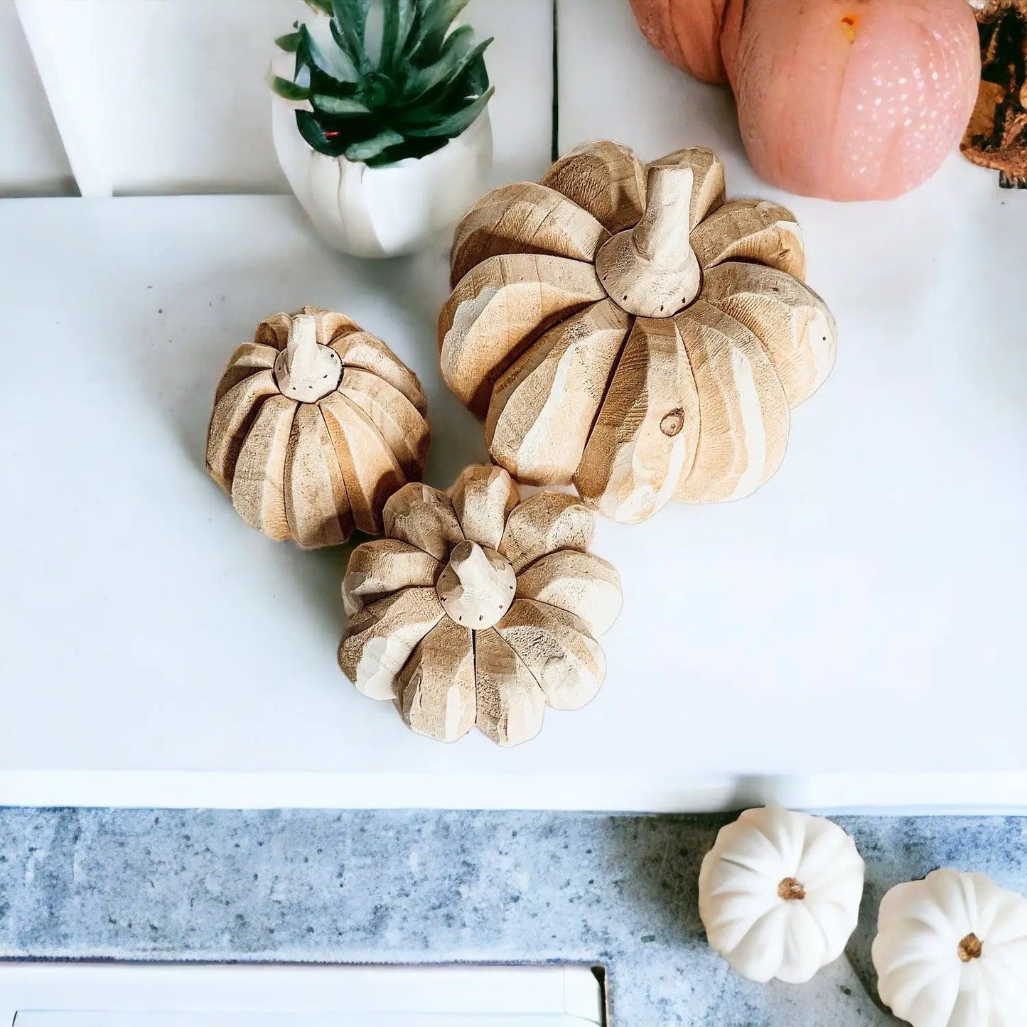 Hand Crafted Wooden Pumpkin Trio Three Shapes