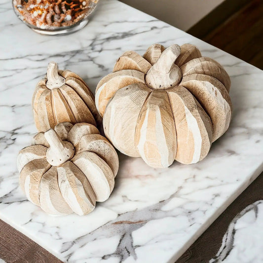 Farmhouse Pumpkin Trio set of three wooden pumpkins in whitewashed natural tones Gia Roma on Tampa Home & Garden Store