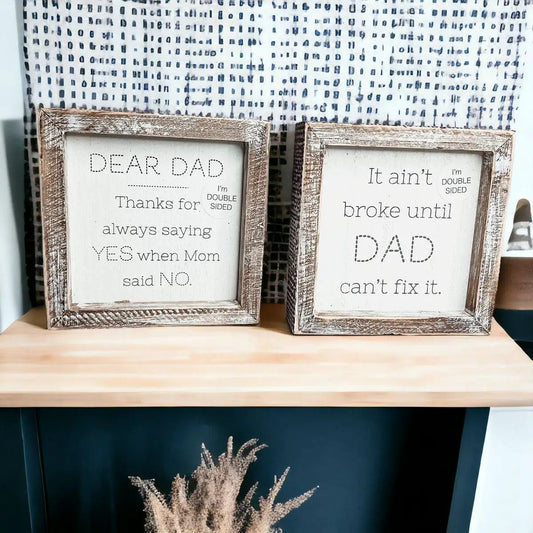 Dad Said Yes double-sided 6in decorative plaques in rustic whitewashed frames pair on shelf on Tampa Home & Garden Store
