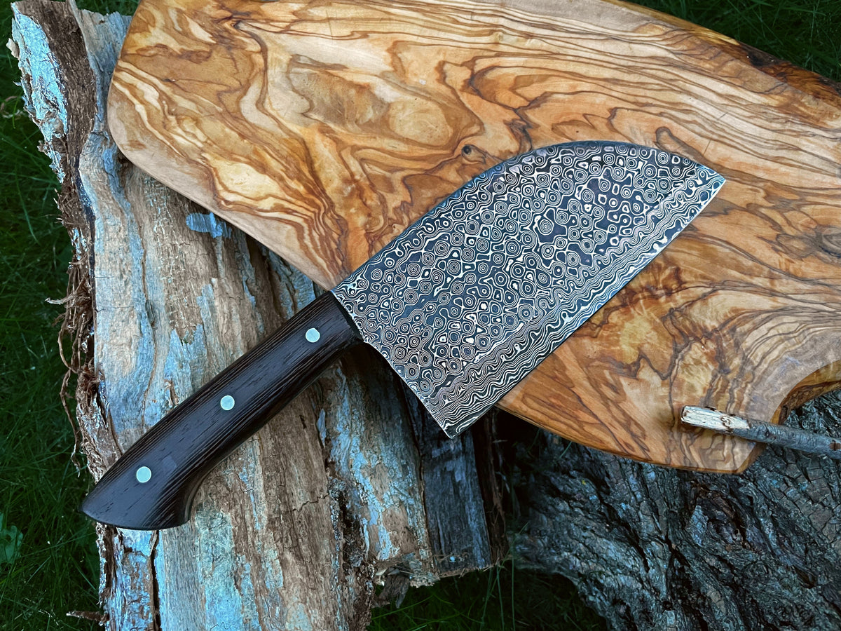 Damascus steel sheeptoe cleaver TK-011 with patterned blade and dark wooden handle on Tampa Home & Garden Store