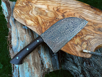 Damascus steel sheeptoe cleaver TK-011 with patterned blade and dark wooden handle on Tampa Home & Garden Store
