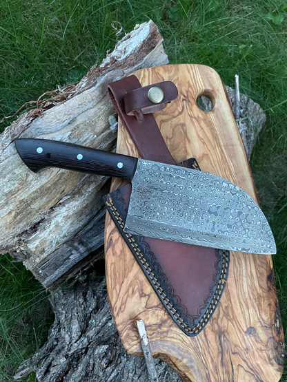 Damascus steel Sheeptoe Cleaver TK-011 with patterned blade, black riveted handle, leather sheath on Tampa Home & Garden Store